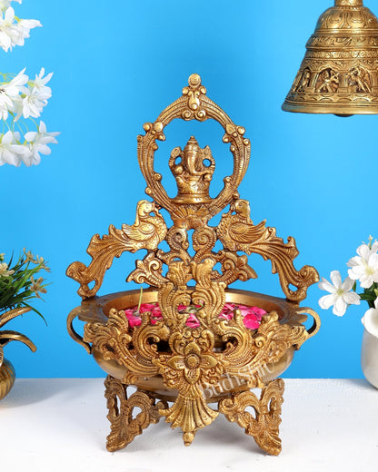 Brass Ganesha Urli with Peacocks – Unique Temple Décor Centrepiece - Budhshiv.com