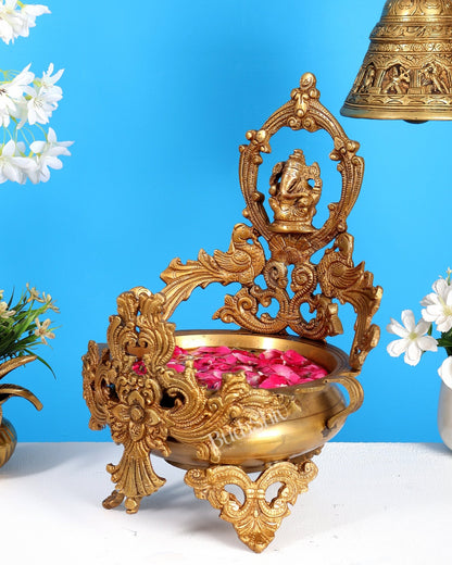 Brass Ganesha Urli with Peacocks – Unique Temple Décor Centrepiece - Budhshiv.com