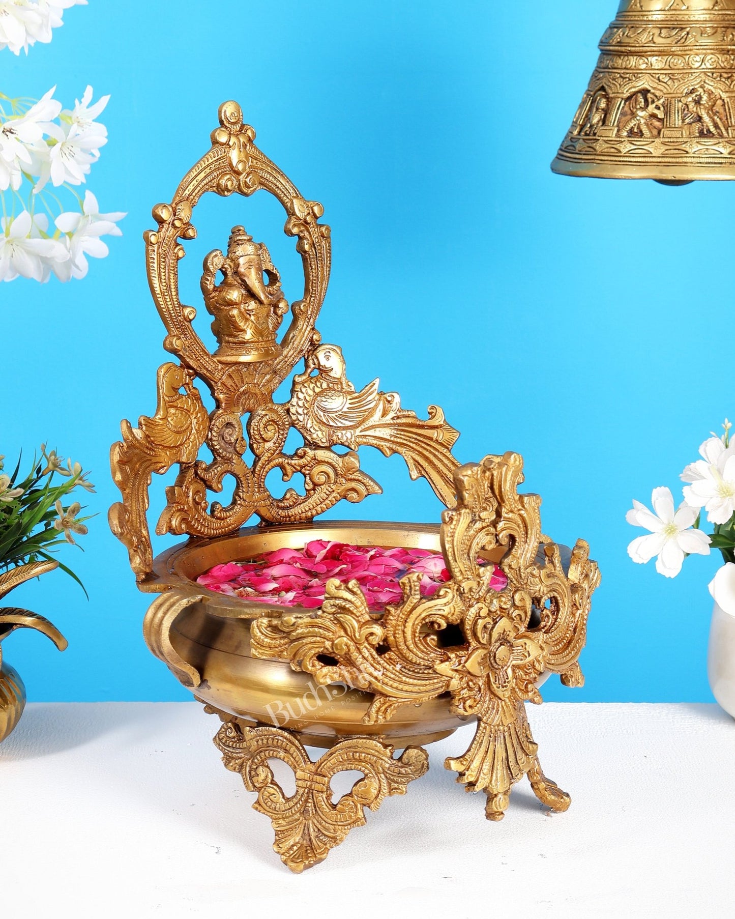 Brass Ganesha Urli with Peacocks – Unique Temple Décor Centrepiece - Budhshiv.com