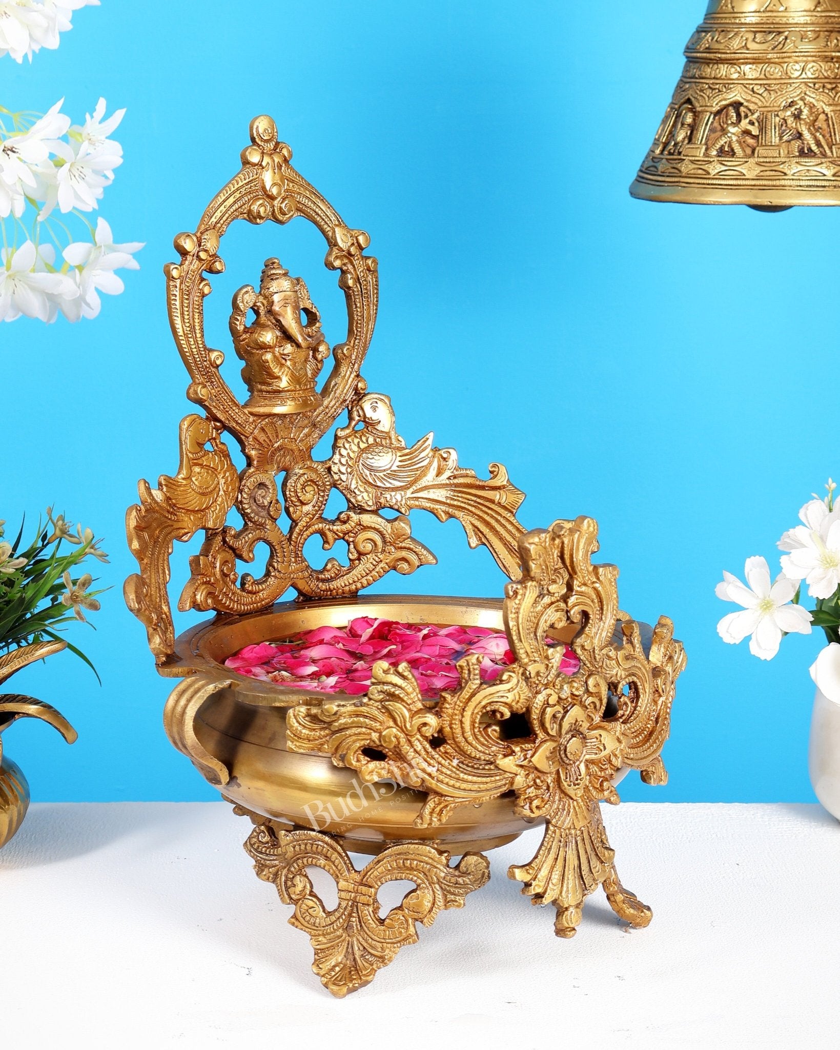 Brass Ganesha Urli with Peacocks – Unique Temple Décor Centrepiece - Budhshiv.com