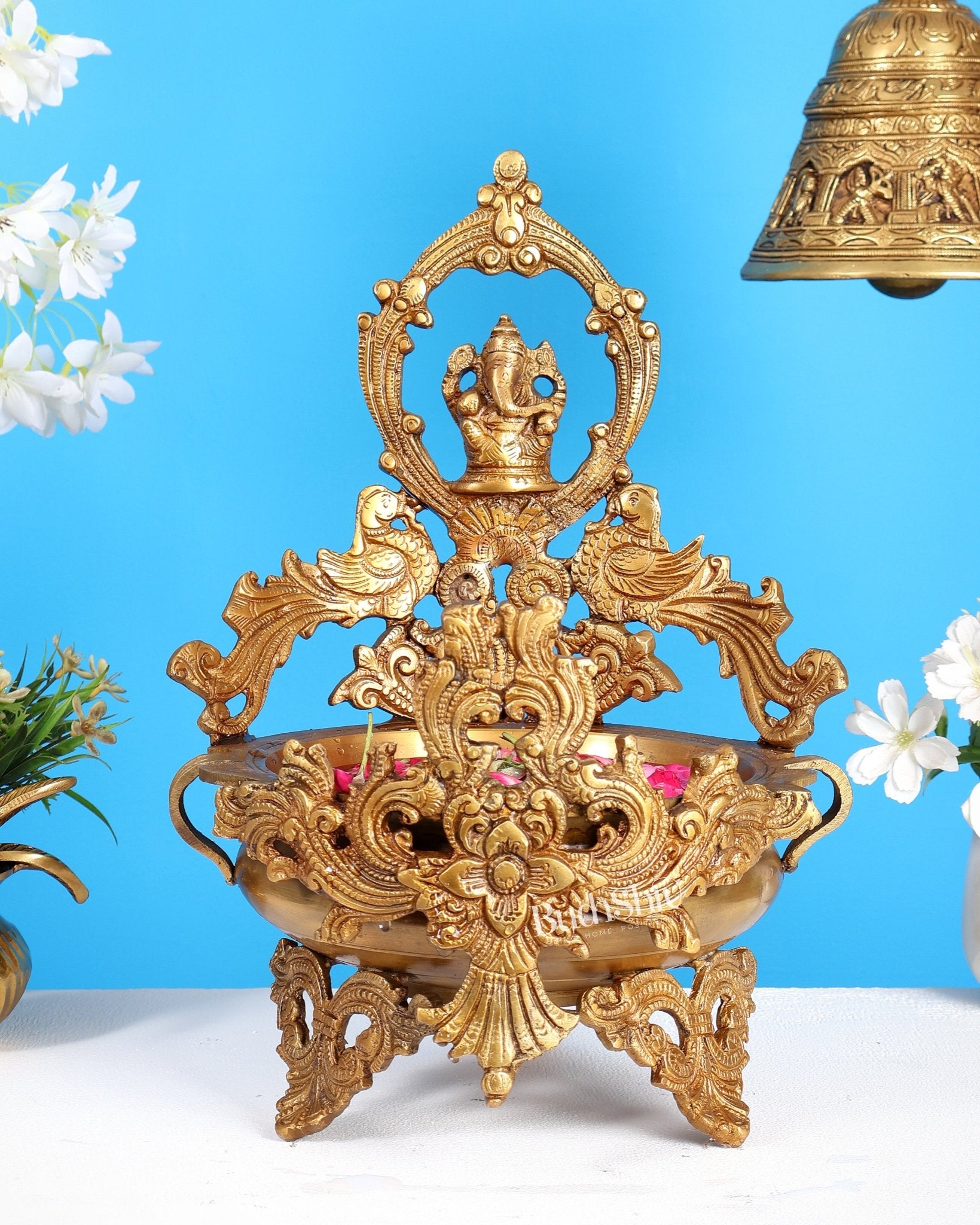 Brass Ganesha Urli with Peacocks – Unique Temple Décor Centrepiece - Budhshiv.com