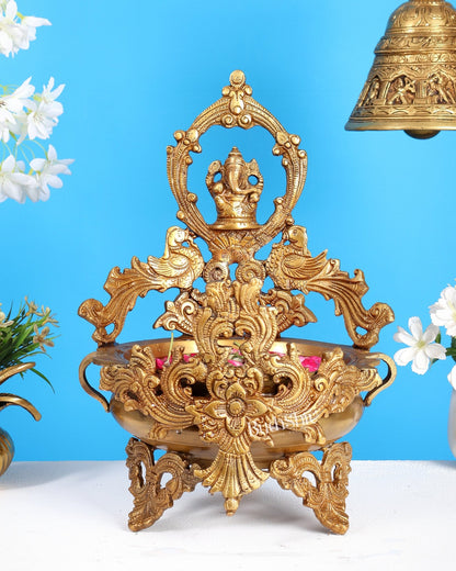 Brass Ganesha Urli with Peacocks – Unique Temple Décor Centrepiece - Budhshiv.com