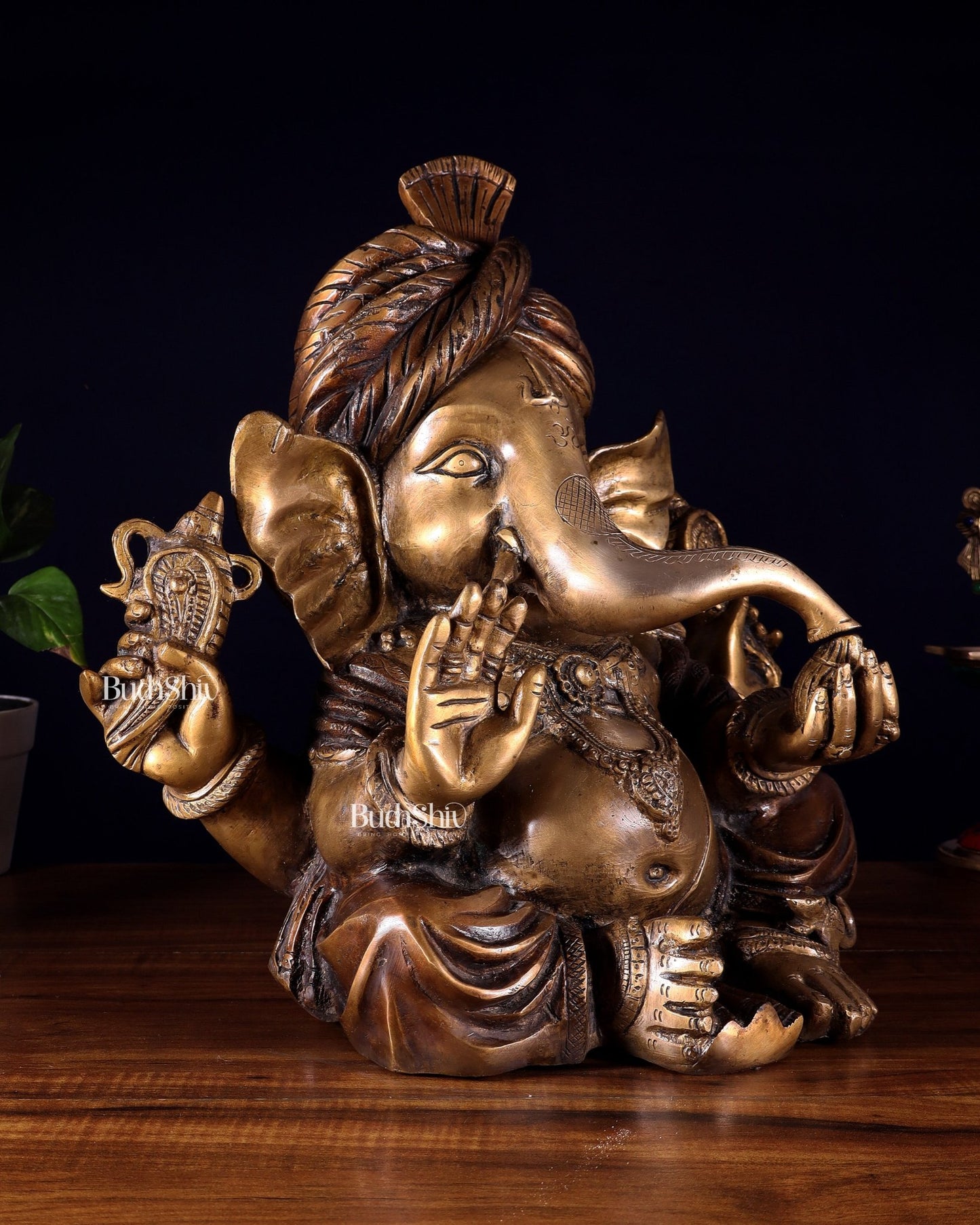 Brass Ganesha vintage statue wearing a turban idol 14" - Budhshiv.com