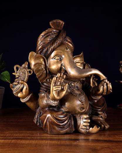 Brass Ganesha vintage statue wearing a turban idol 14" - Budhshiv.com