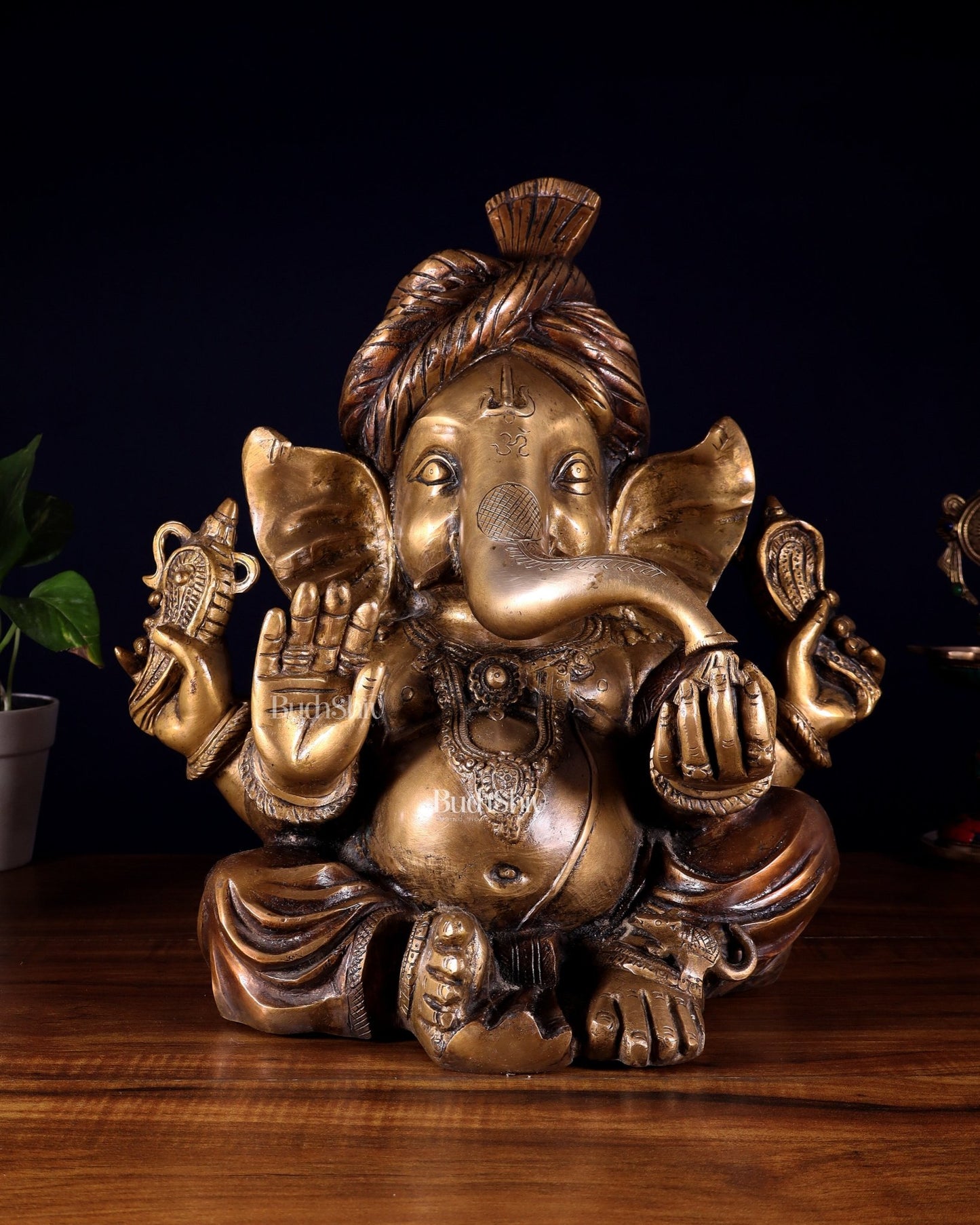Brass Ganesha vintage statue wearing a turban idol 14" - Budhshiv.com