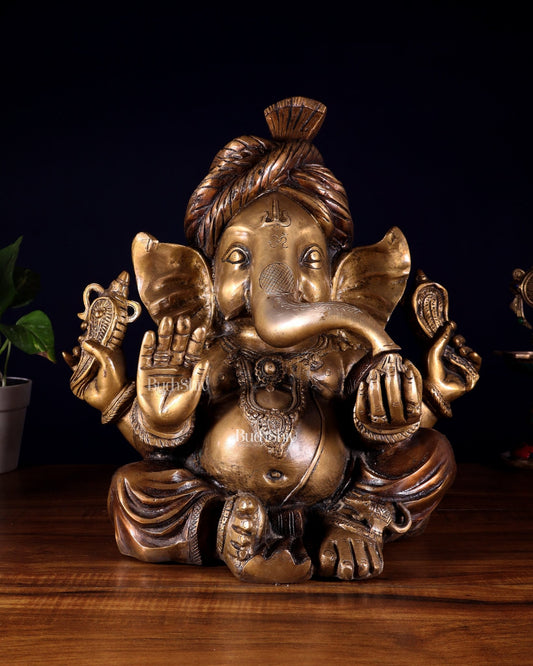 Brass Ganesha vintage statue wearing a turban idol 14" - Budhshiv.com