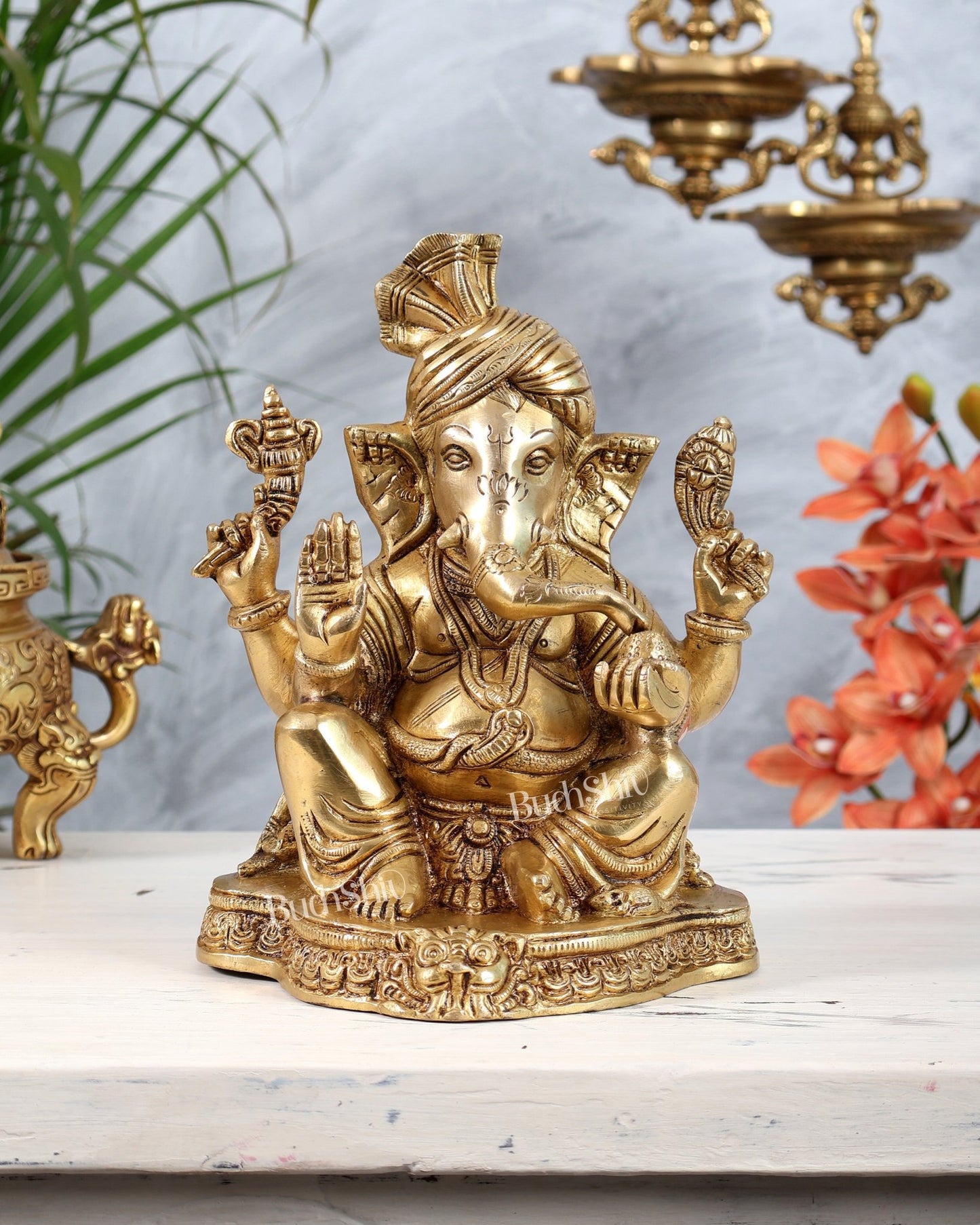 Brass Ganesha Wearing Turban Pagadi Idol - 8.5" - Budhshiv.com