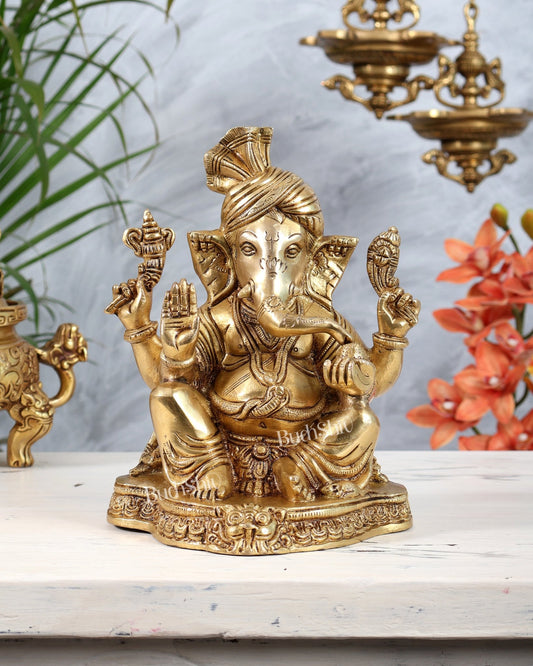 Brass Ganesha Wearing Turban Pagadi Idol - 8.5" - Budhshiv.com