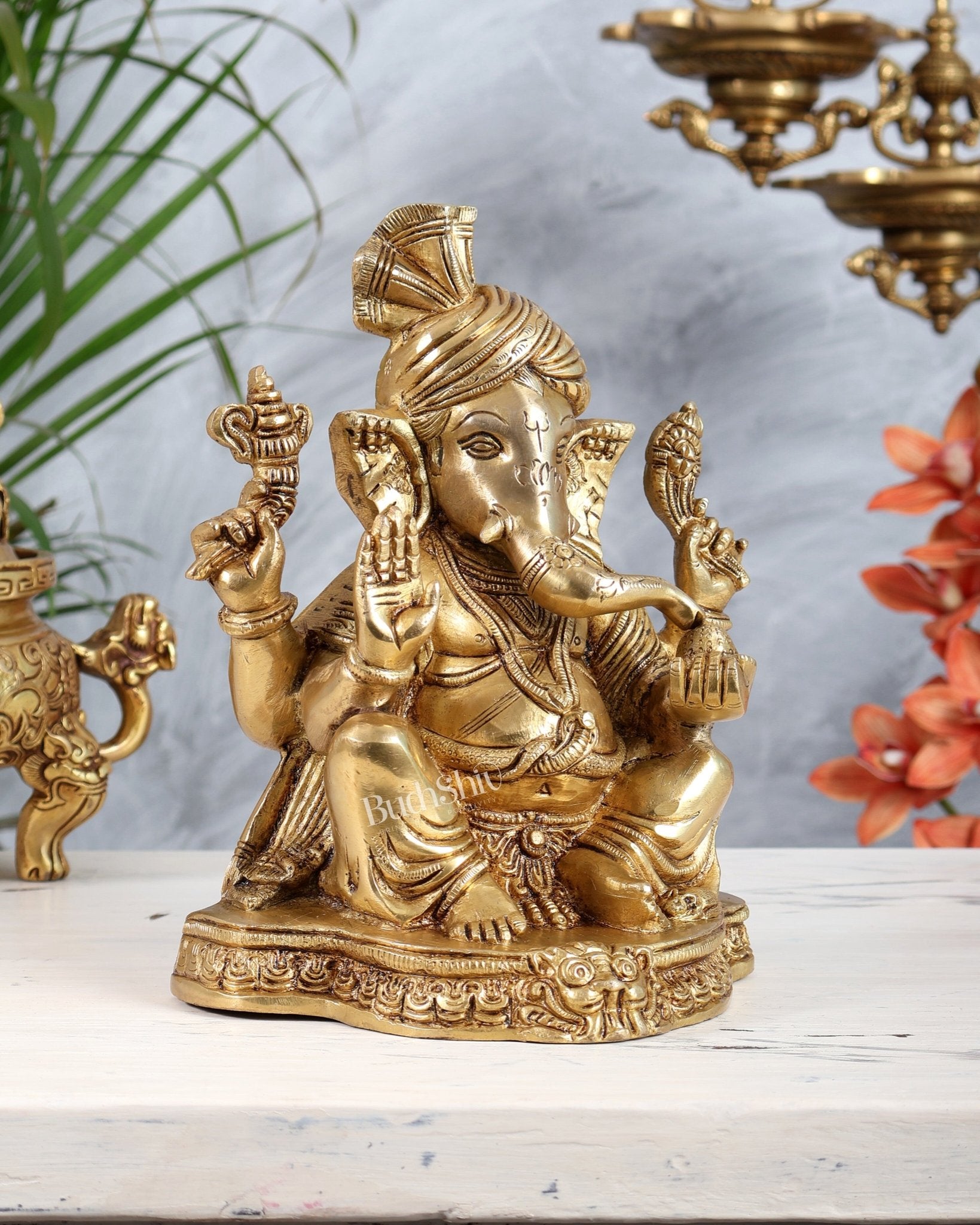 Brass Ganesha Wearing Turban Pagadi Idol - 8.5" - Budhshiv.com