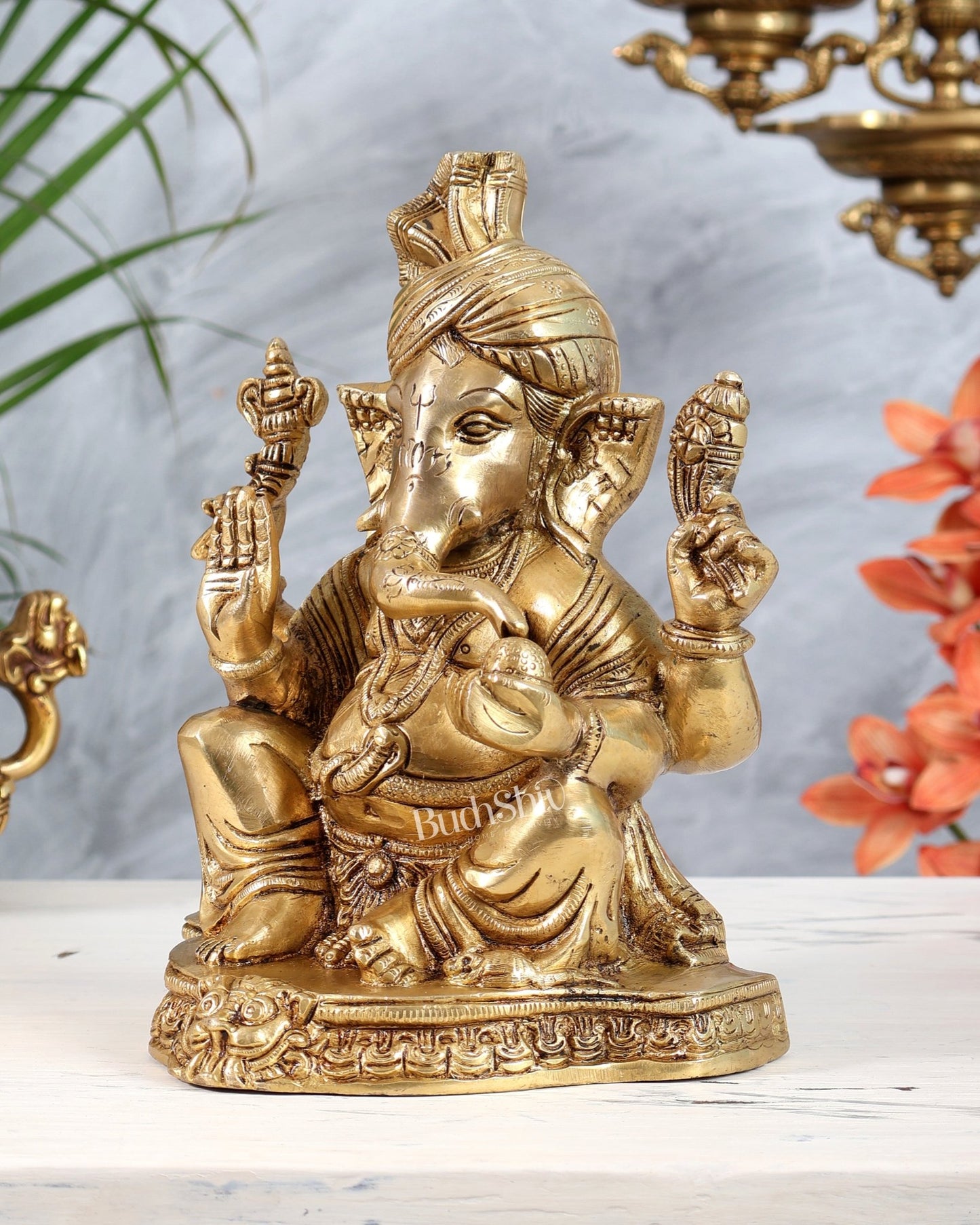 Brass Ganesha Wearing Turban Pagadi Idol - 8.5" - Budhshiv.com