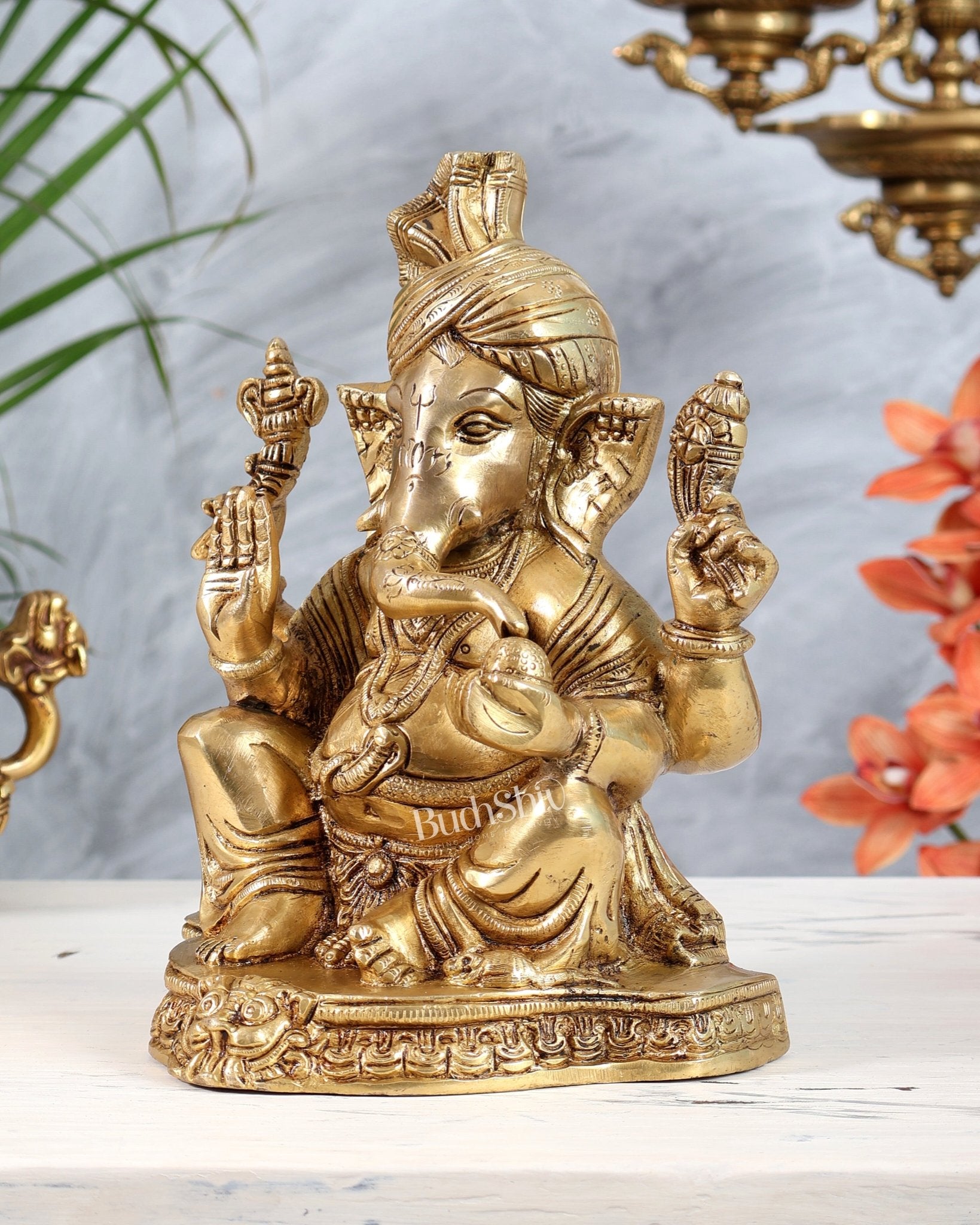 Brass Ganesha Wearing Turban Pagadi Idol - 8.5" - Budhshiv.com