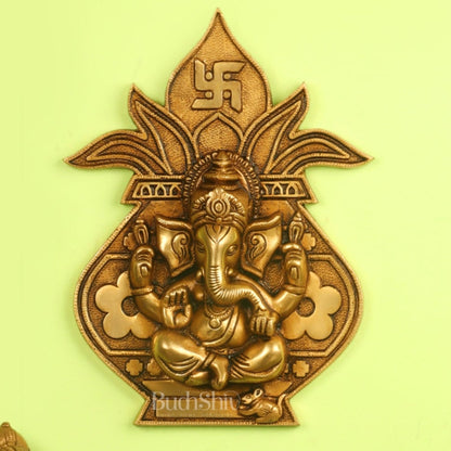 Brass Ganesha with Kalash and swastik Wall Hanging 10" - Budhshiv.com