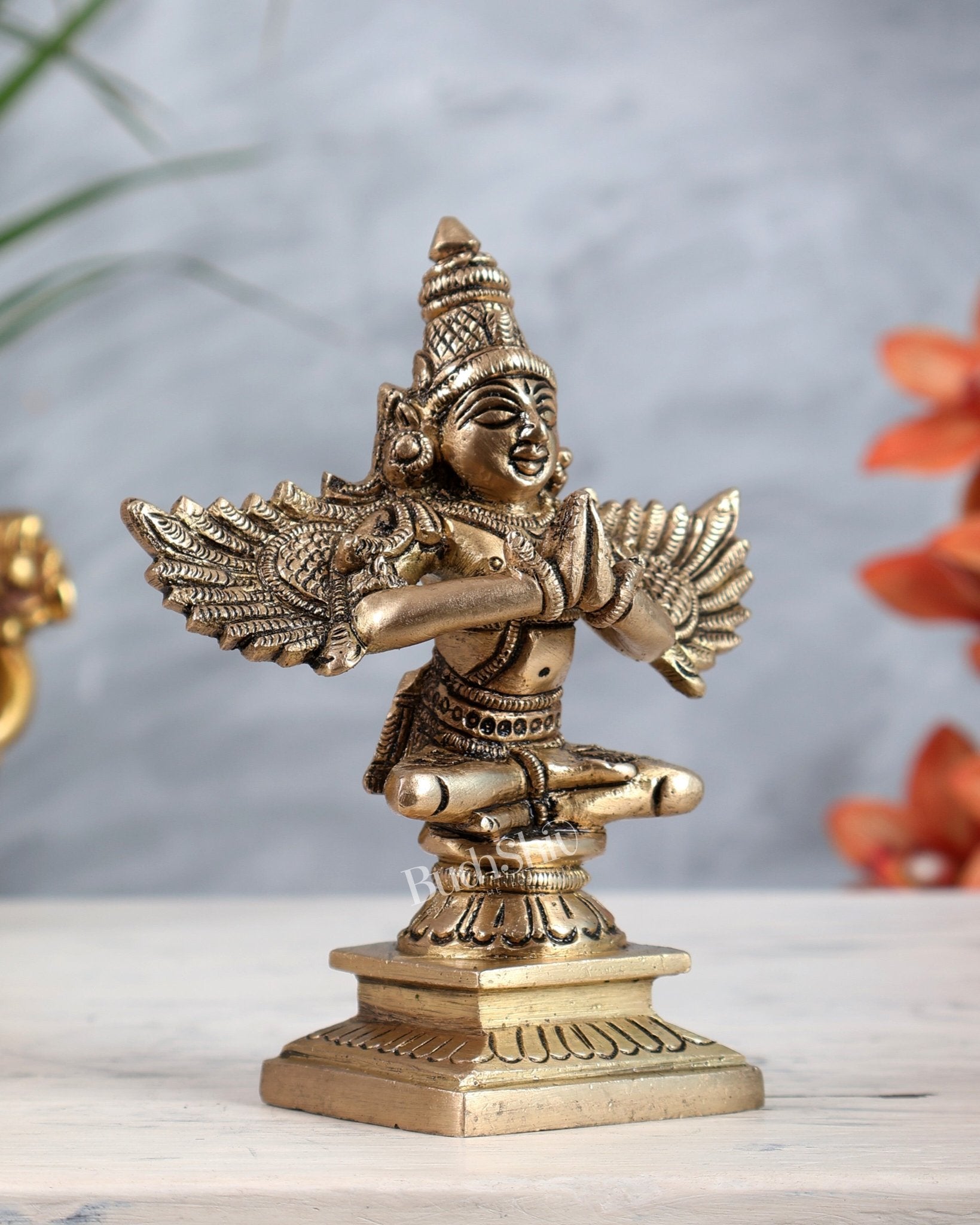 Brass Garuda Statue in Anjali Mudra | Sacred Vishnu Vahana Sculpture 5.5" - Budhshiv.com