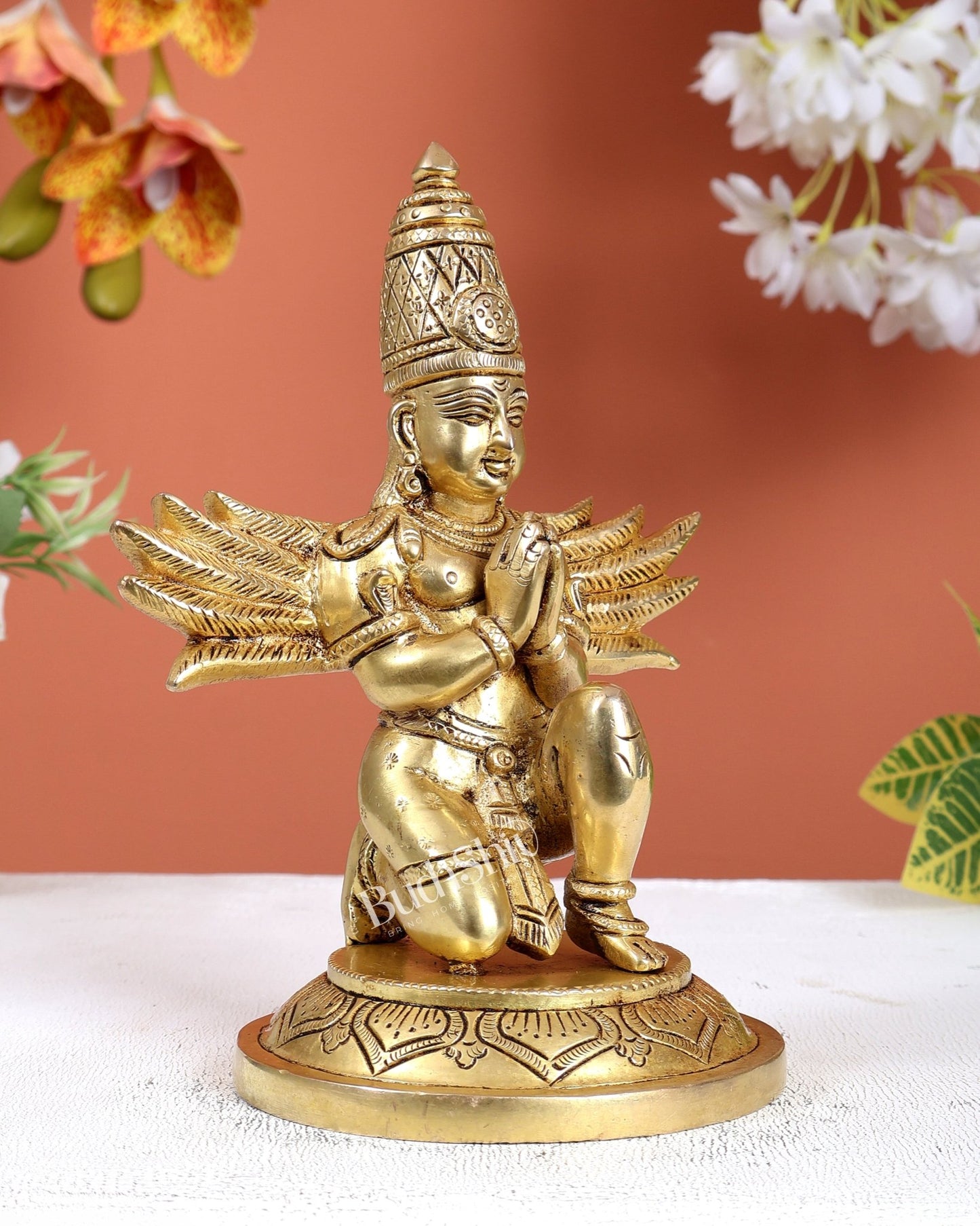 Brass Garuda Statue Sitting with Open Wings – Divine Vahana Sculpture (8 Inches) - Budhshiv.com