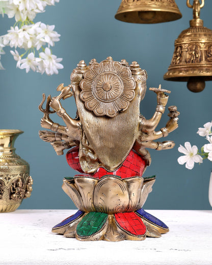 Brass Gayatri Devi Idol – Five Faces & Ten Arms Seated on Lotus 9 inch with Stonework - Budhshiv.com