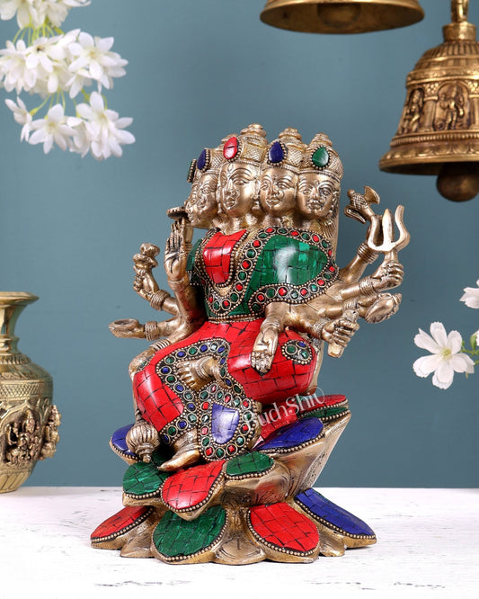 Brass Gayatri Devi Idol – Five Faces & Ten Arms Seated on Lotus 9 inch with Stonework - Budhshiv.com