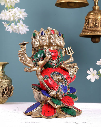 Brass Gayatri Devi Idol – Five Faces & Ten Arms Seated on Lotus 9 inch with Stonework - Budhshiv.com