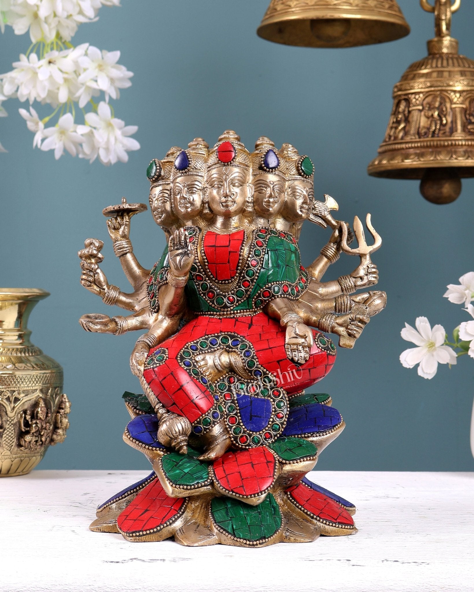 Brass Gayatri Devi Idol – Five Faces & Ten Arms Seated on Lotus 9 inch with Stonework - Budhshiv.com