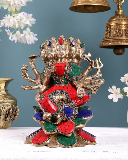 Brass Gayatri Devi Idol – Five Faces & Ten Arms Seated on Lotus 9 inch with Stonework - Budhshiv.com