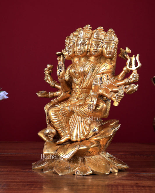Brass Gayatri Devi Idol – Five Faces & Ten Arms Seated on Lotus 9 inch - Budhshiv.com