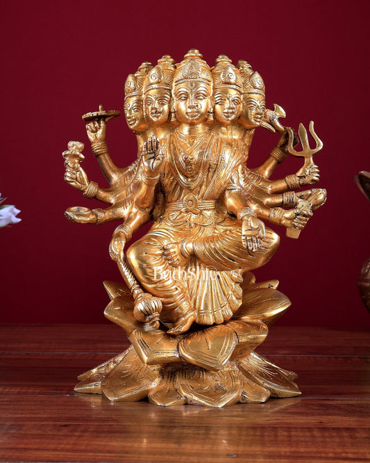 Brass Gayatri Devi Idol – Five Faces & Ten Arms Seated on Lotus 9 inch - Budhshiv.com