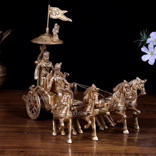 Brass Geeta Updesh Krishna and Arjun Rath Idol 9.5 inch - Budhshiv.com