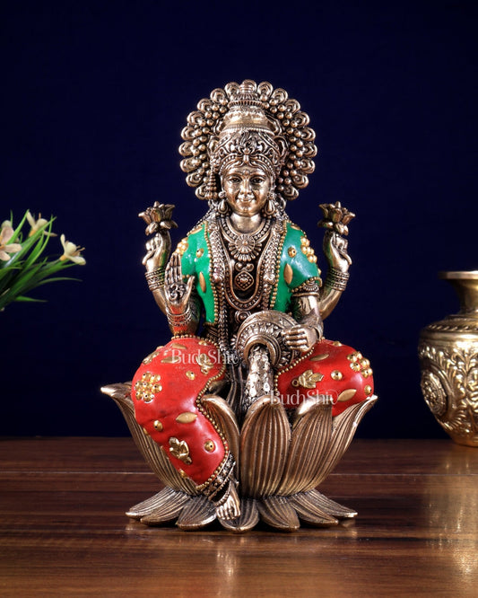 Brass Goddess Dhan Lakshmi on Lotus Idol - 8 Inch meenakari - Budhshiv.com