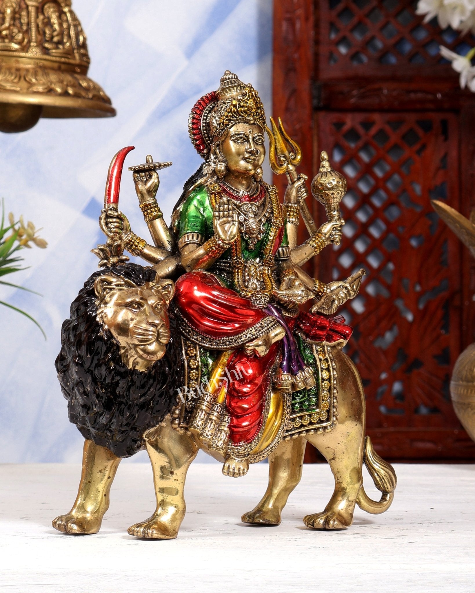 Brass Goddess Durga (Ambe Mata) Idol on Lion – 9.5 inch hand-painted - Budhshiv.com