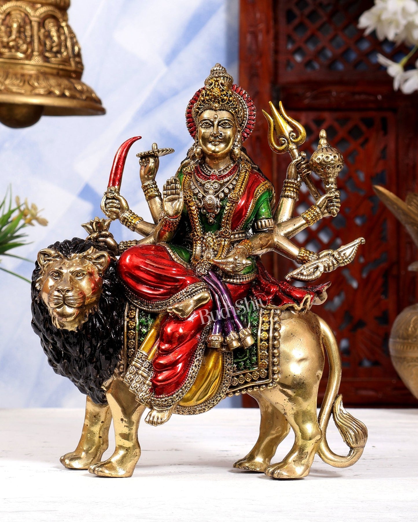 Brass Goddess Durga (Ambe Mata) Idol on Lion – 9.5 inch hand-painted - Budhshiv.com