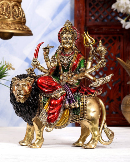 Brass Goddess Durga (Ambe Mata) Idol on Lion – 9.5 inch hand-painted - Budhshiv.com