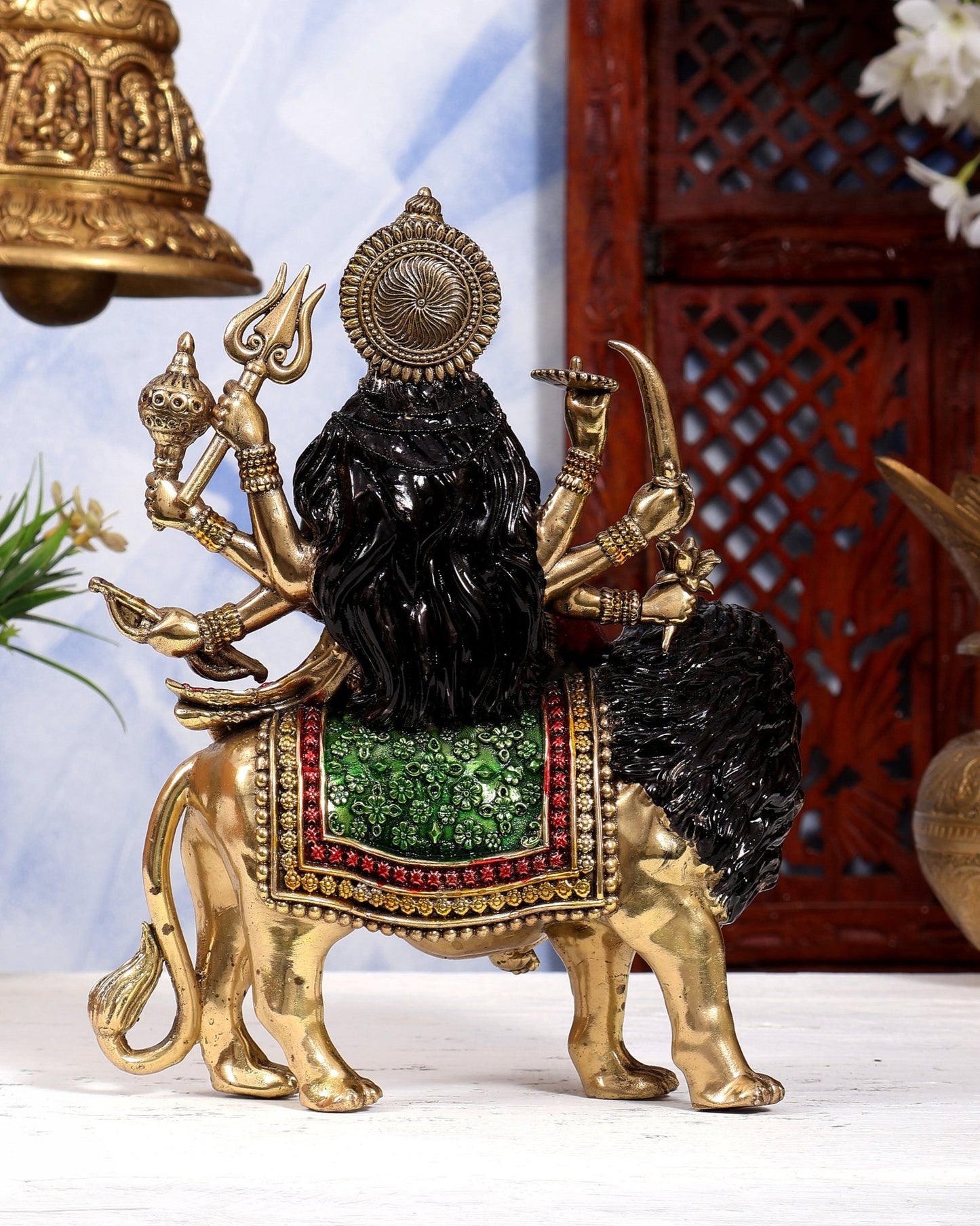 Brass Goddess Durga (Ambe Mata) Idol on Lion – 9.5 inch hand-painted - Budhshiv.com