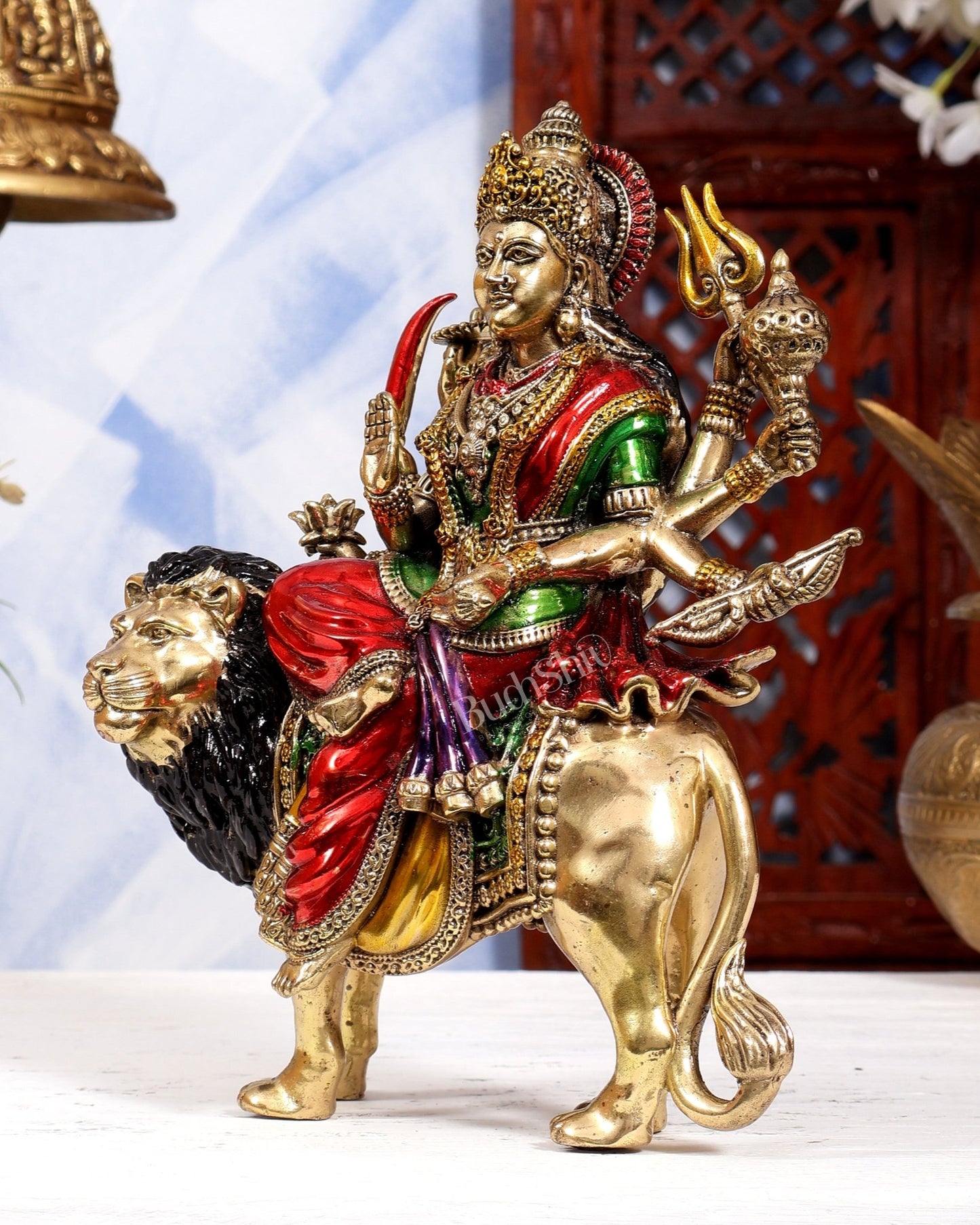 Brass Goddess Durga (Ambe Mata) Idol on Lion – 9.5 inch hand-painted - Budhshiv.com