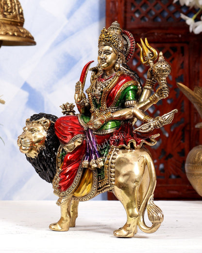 Brass Goddess Durga (Ambe Mata) Idol on Lion – 9.5 inch hand-painted - Budhshiv.com