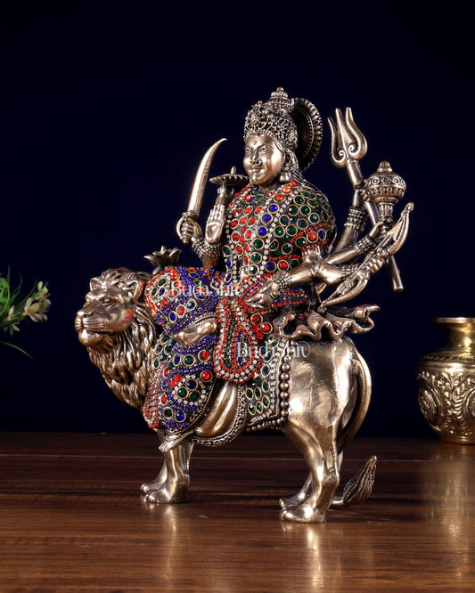 Brass Goddess Durga (Ambe Mata) Idol on Lion – 9.5" Jewellers Meenakari - Budhshiv.com
