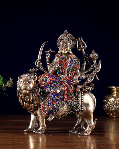 Brass Goddess Durga (Ambe Mata) Idol on Lion – 9.5" Jewellers Meenakari - Budhshiv.com