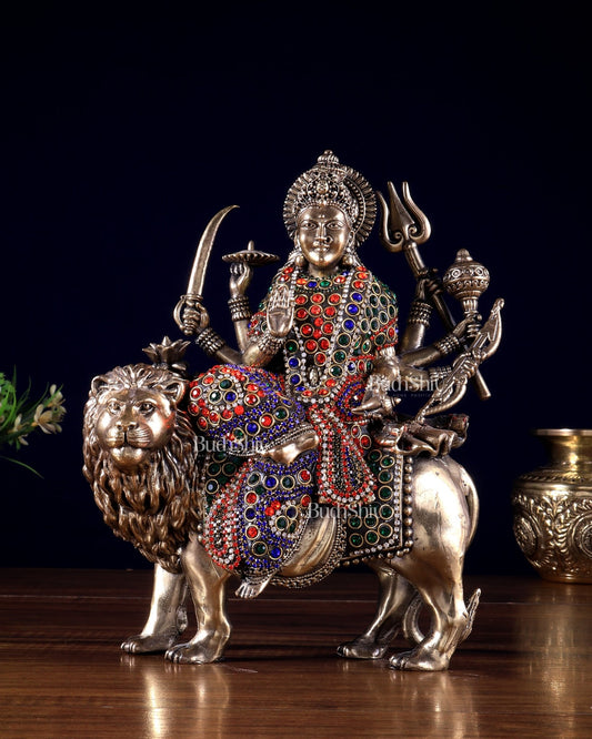 Brass Goddess Durga (Ambe Mata) Idol on Lion – 9.5" Jewellers Meenakari - Budhshiv.com