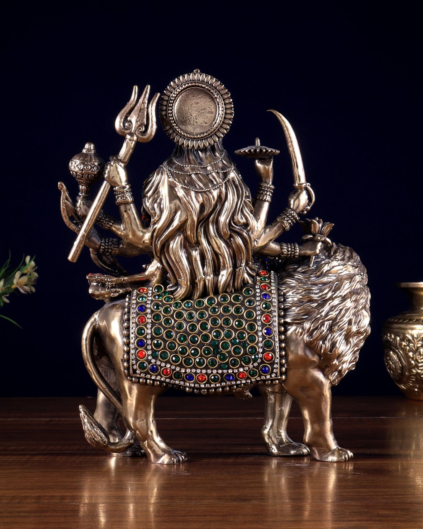 Brass Goddess Durga (Ambe Mata) Idol on Lion – 9.5" Jewellers Meenakari - Budhshiv.com