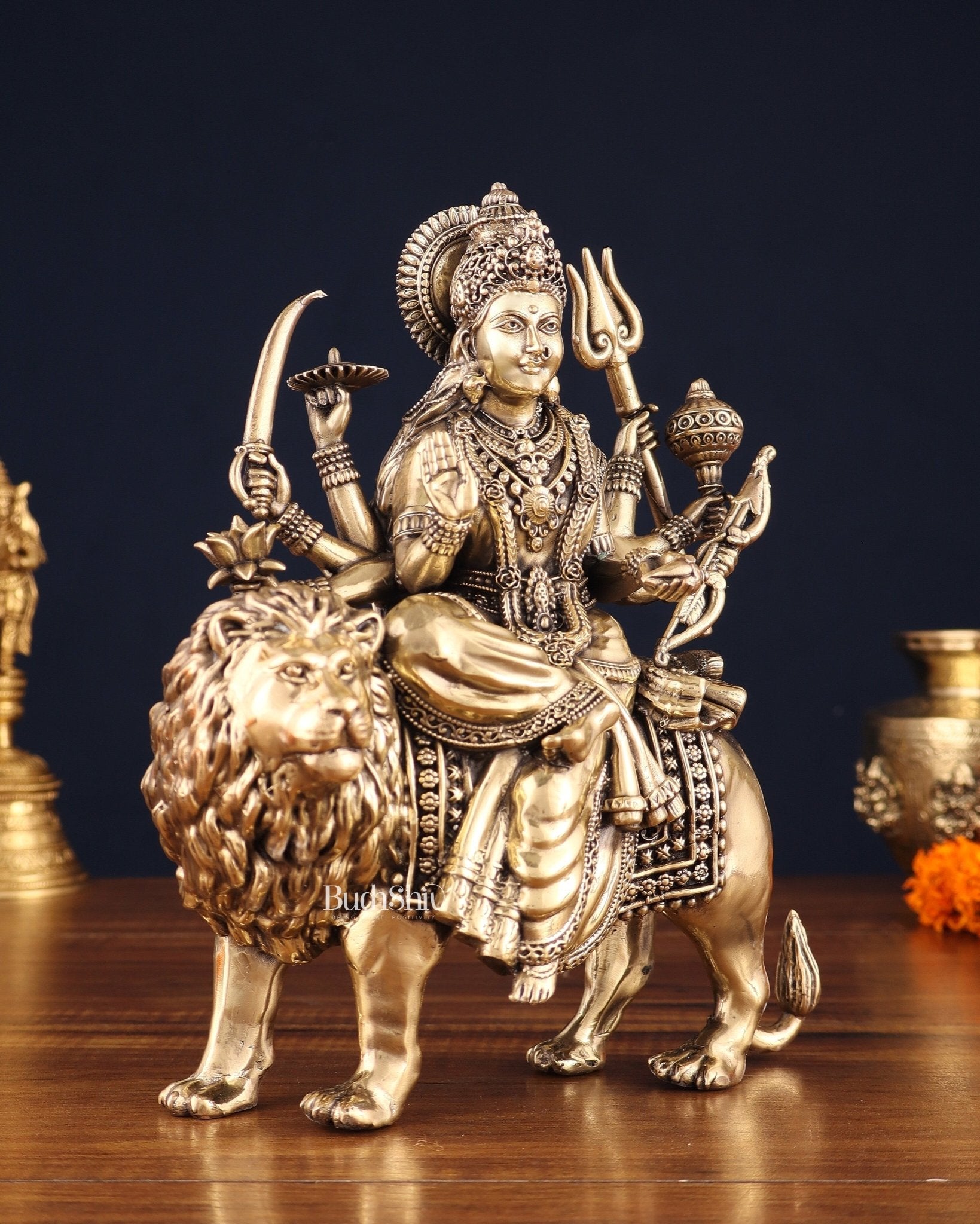 Brass Goddess Durga (Ambe Mata) Idol on Lion – 9.5" - Budhshiv.com