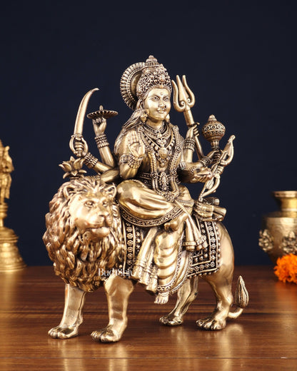 Brass Goddess Durga (Ambe Mata) Idol on Lion – 9.5" - Budhshiv.com
