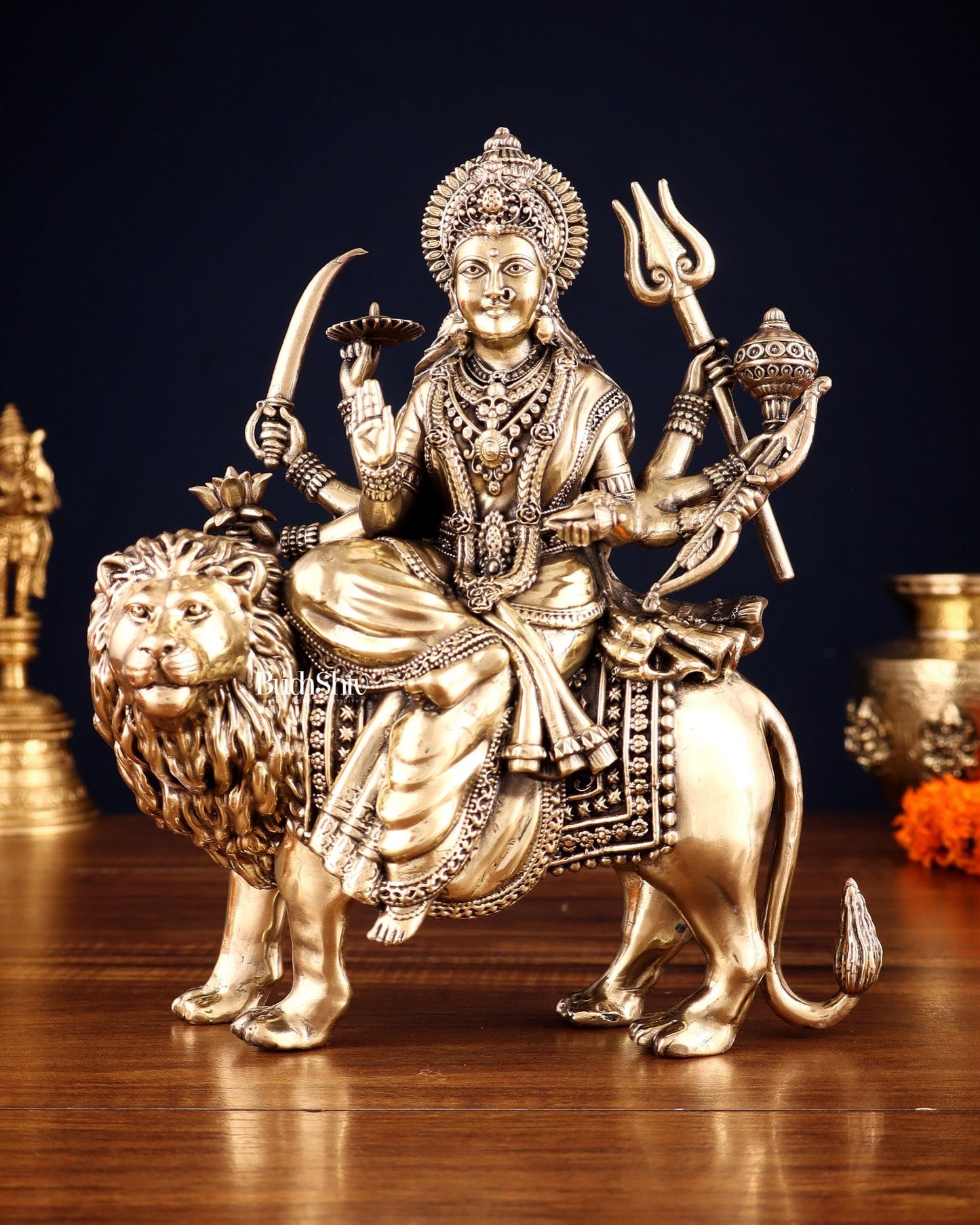 Brass Goddess Durga (Ambe Mata) Idol on Lion – 9.5" - Budhshiv.com