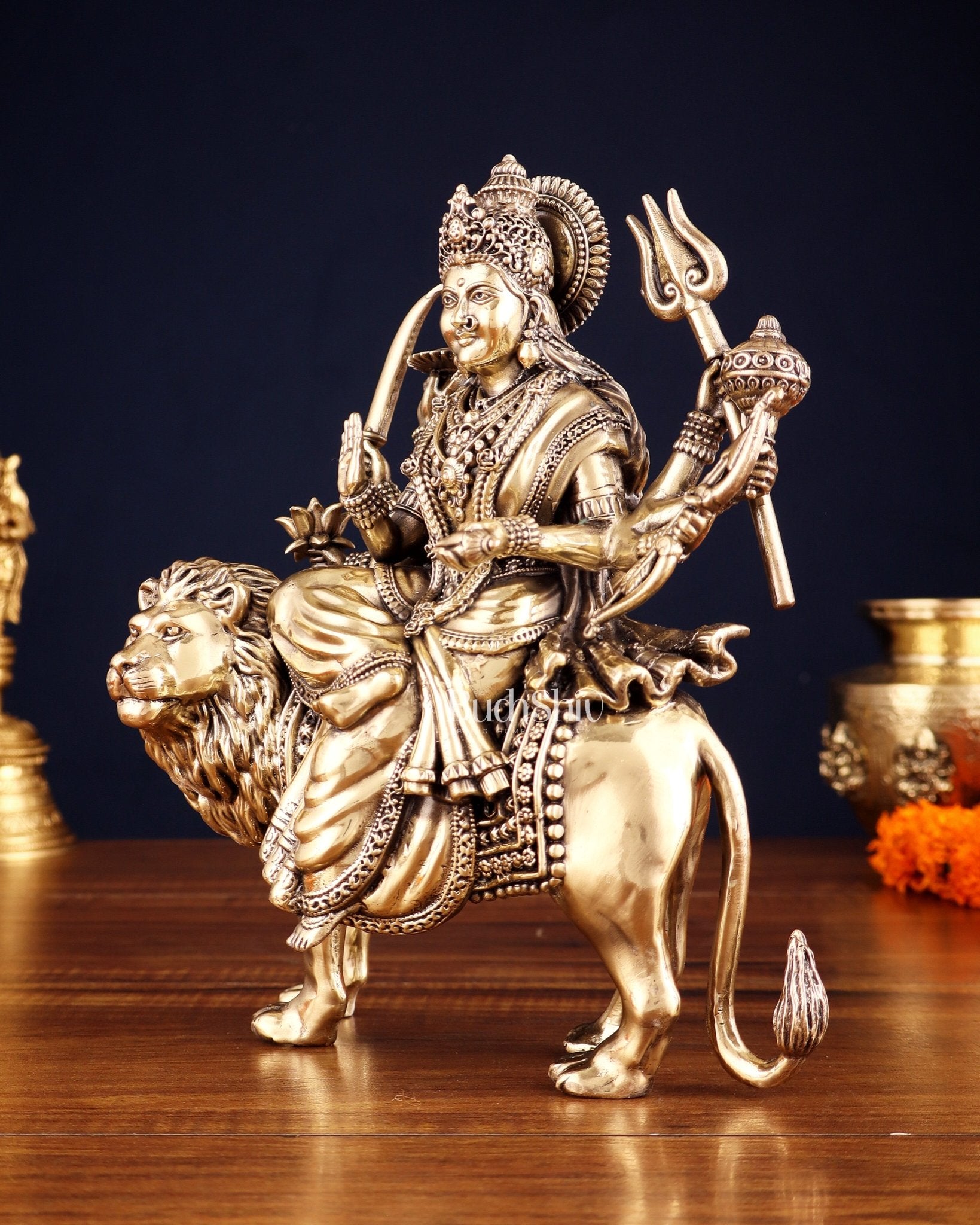 Brass Goddess Durga (Ambe Mata) Idol on Lion – 9.5" - Budhshiv.com