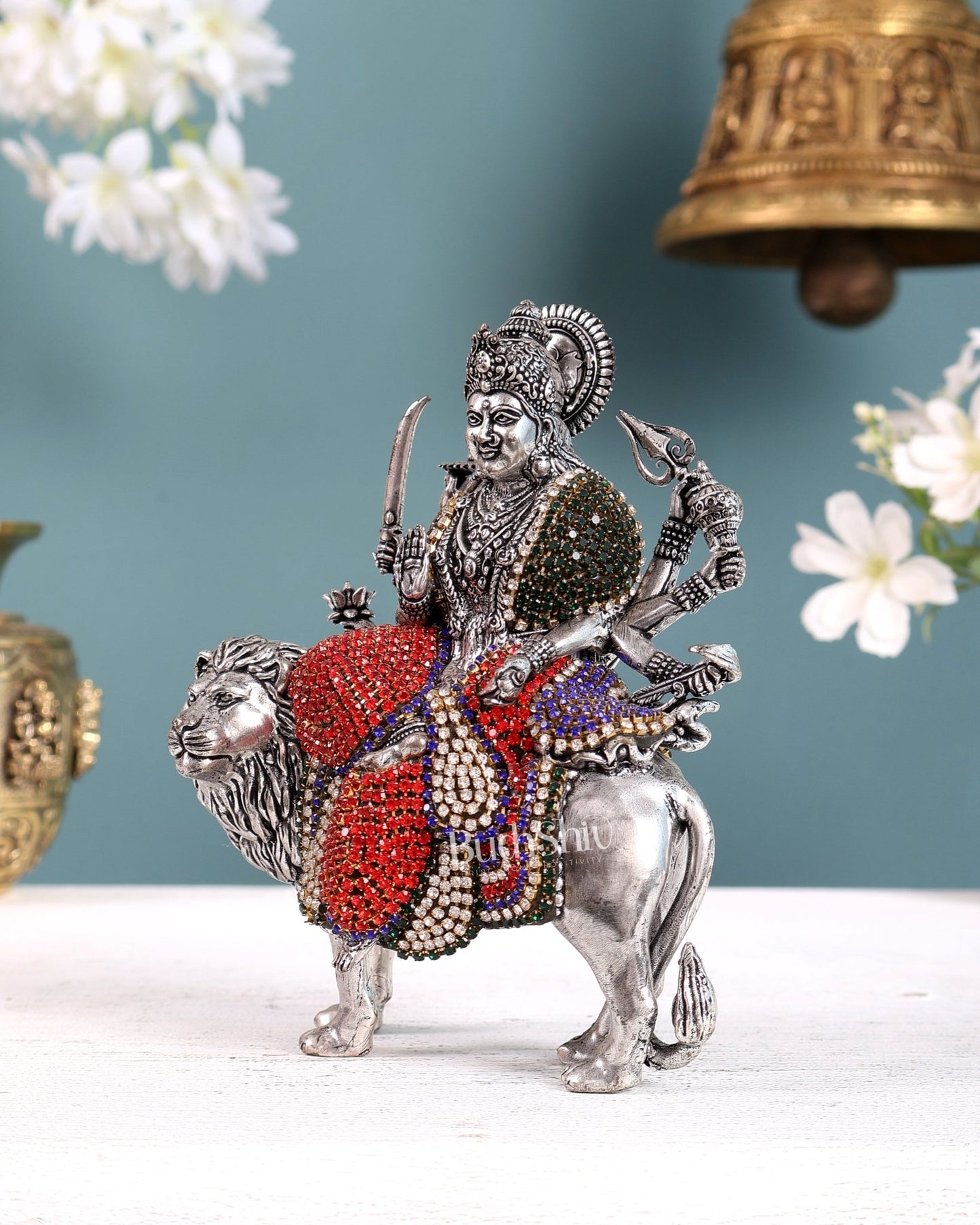 Brass Goddess Durga (Ambe Mata) Idol on Lion silver plated Jewellers Meenakari - Budhshiv.com