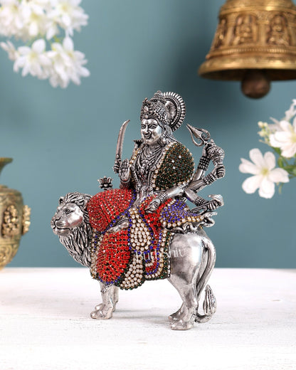 Brass Goddess Durga (Ambe Mata) Idol on Lion silver plated Jewellers Meenakari - Budhshiv.com