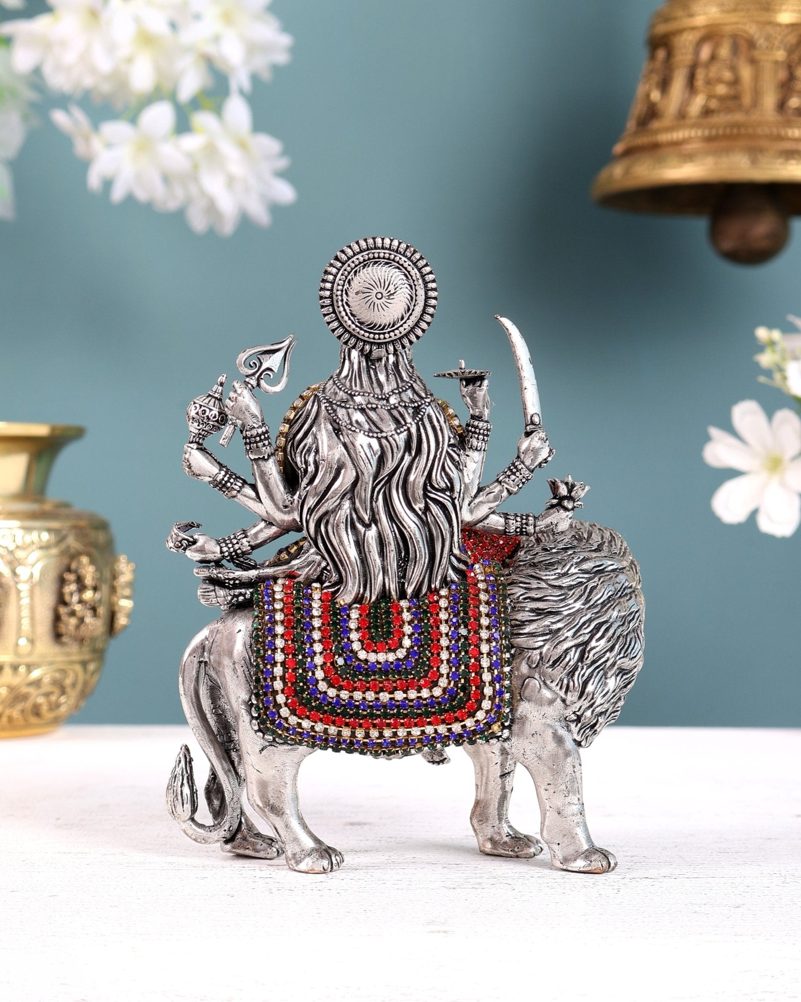 Brass Goddess Durga (Ambe Mata) Idol on Lion silver plated Jewellers Meenakari - Budhshiv.com