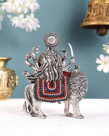 Brass Goddess Durga (Ambe Mata) Idol on Lion silver plated Jewellers Meenakari - Budhshiv.com