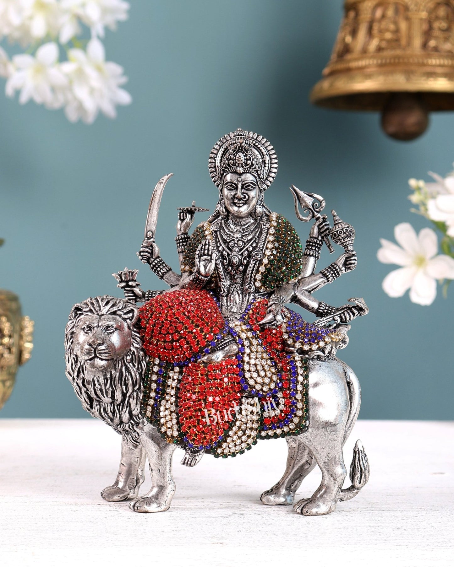 Brass Goddess Durga (Ambe Mata) Idol on Lion silver plated Jewellers Meenakari - Budhshiv.com
