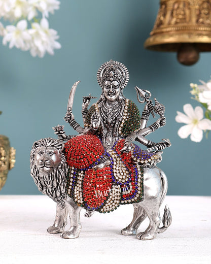 Brass Goddess Durga (Ambe Mata) Idol on Lion silver plated Jewellers Meenakari - Budhshiv.com