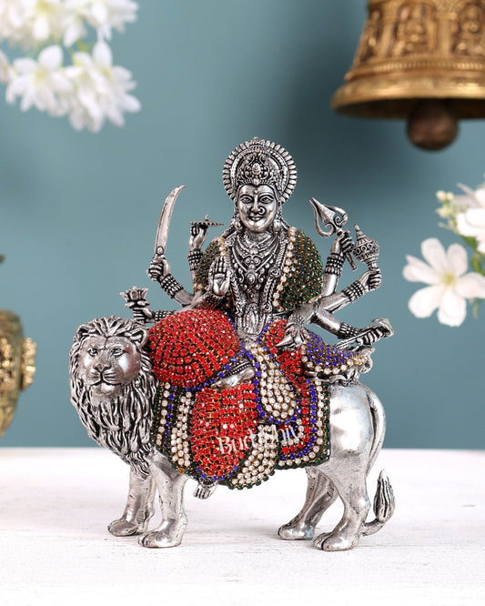 Brass Goddess Durga (Ambe Mata) Idol on Lion silver plated Jewellers Meenakari - Budhshiv.com