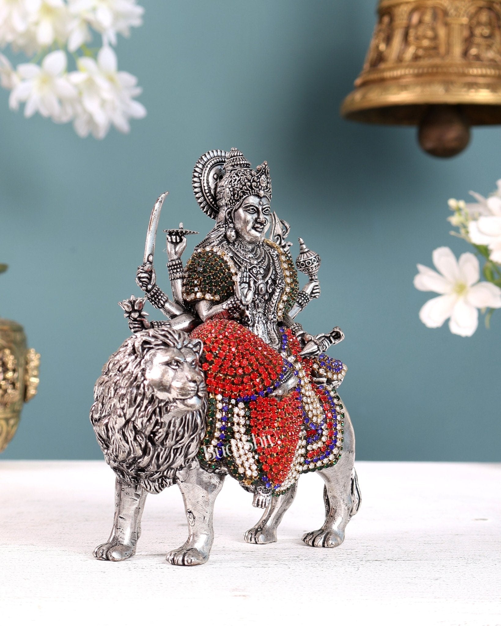 Brass Goddess Durga (Ambe Mata) Idol on Lion silver plated Jewellers Meenakari - Budhshiv.com