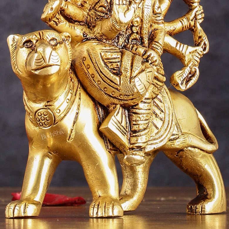 Brass Goddess Durga Seated on Tiger Idol - 5 Inch - Budhshiv.com